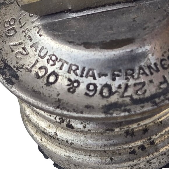 Vintage Fleur De Lis Metal Bottle Stopper Canteen Water Bag Cap Antique Schrader - Picture 6 of 16